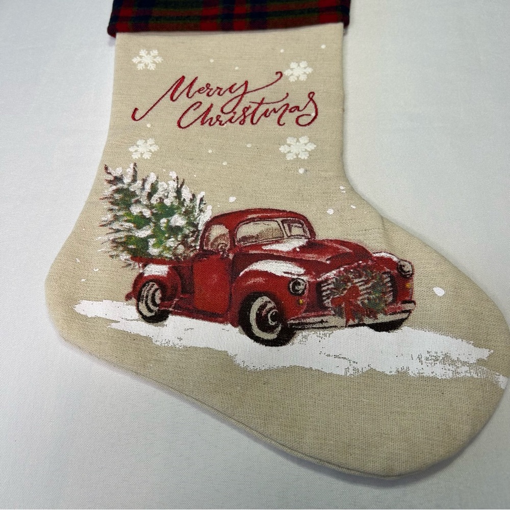 Red Truck Christmas Stocking plaid collar canvas with stitched Merry Christmas - Picture 3 of 8